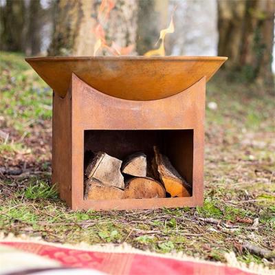 China Customized Designed Rustic Garden Firewood Storage Corten Steel Fire Pit Bowl for sale