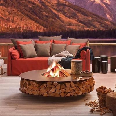 China Multifunctional Zero Fire Pit Corten Steel Firewood Storage Wood Holder Table for sale