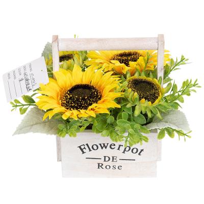 China New Design Artificial Sunflowers Sunflowers Artificial Flowers Fake Sunflower Flowers Wood Vase Potted Silk Flower Bouquet for sale