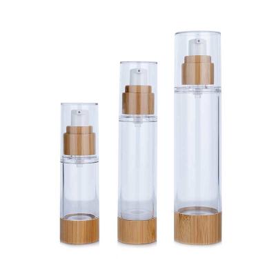 China 100ml 50ml 30ml Airless Containers Cosmetics Plastic Transparent With Bamboo Caps for sale
