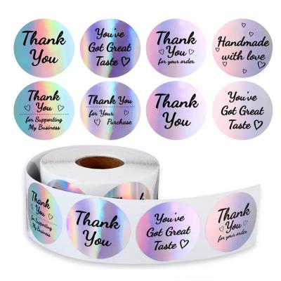 China Custom Printed Logo Round Packaging Labels Roll Holographic Thank You Sticker Waterproof for sale