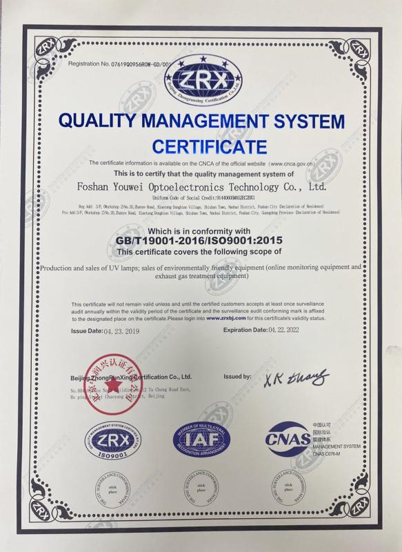 Quality management system certification - Foshan Youwei Photoelectric Technology Co., Ltd.