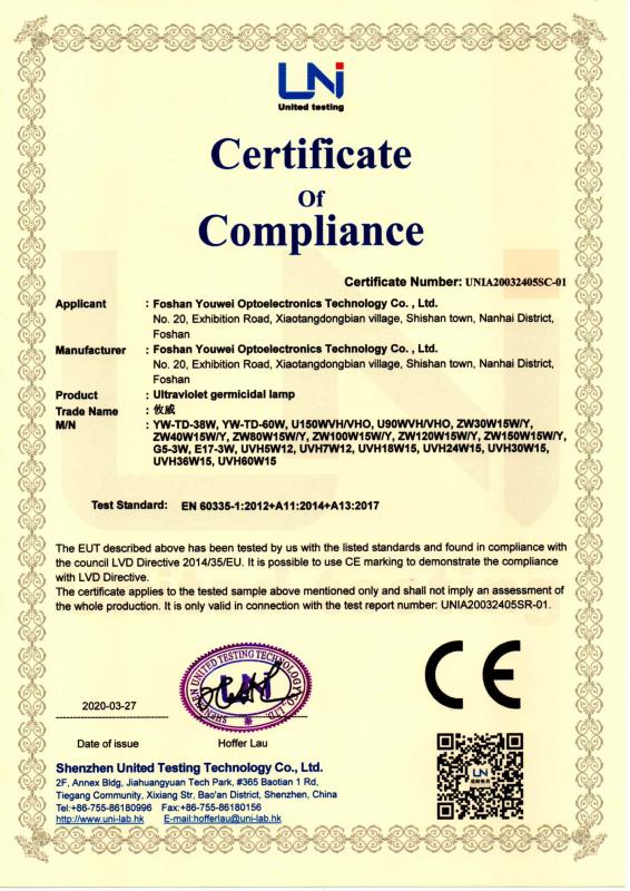 Certificate of Compliance - Foshan Youwei Photoelectric Technology Co., Ltd.