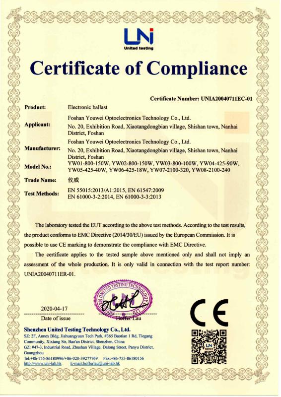 Certificate of Compliance - Foshan Youwei Photoelectric Technology Co., Ltd.