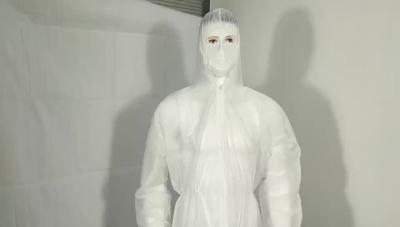 China Disposable PP Coverall Single Layer Nonwoven Head to Ankle Coverage Basic Protection Front Zipper from Crotch with Elastic Hood for sale