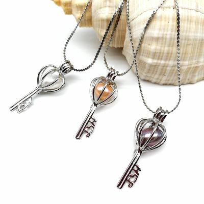 China Antique Silver Key Locket Cage Charms Necklaces Pendants with 6-7mm Rice Shape Real Freshwater Pearl for sale