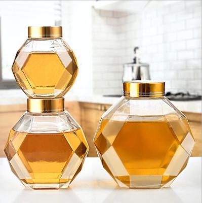 China Personal Care Hexagonal Honey Glass Jar 200ml 380ml 780ml With Plastic Cover for sale