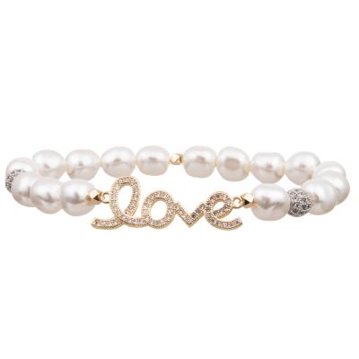 China 2023 ideal wedding gift Glass White Pearl And Brass Zircon LOVE Stretchy  Handmade Beads Bracelets for sale