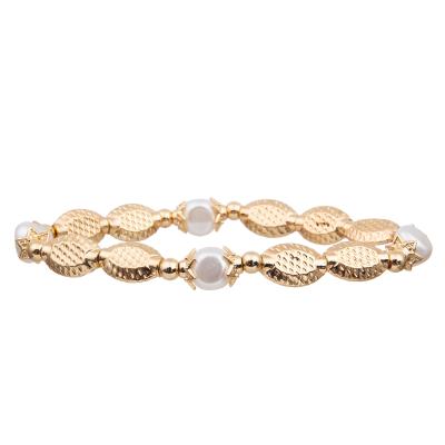 China Custom Gold Texture Oval Beads With Natural Fresh Water Pearl  Stretchy Handmade Beads Bracelets for sale