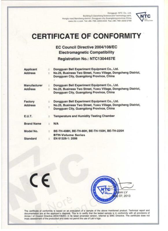 Temp. Humidity Chamber CE Certificate - Guangdong Bell Experiment Equipment Co., Ltd