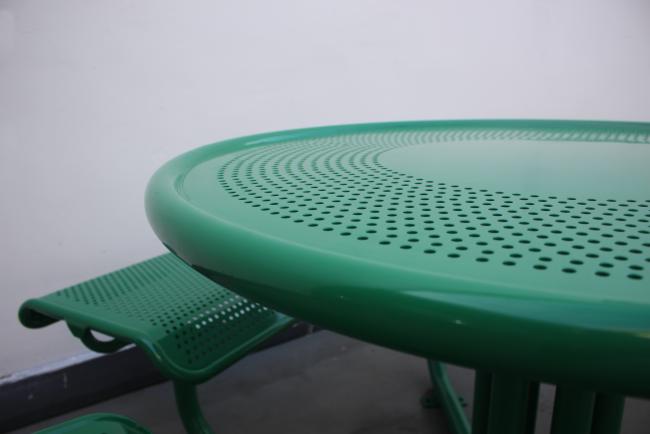 Perforated metal urban street steel round table with six chairs commercial outdoor picnic tables outside furniture China