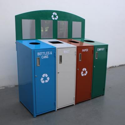 China Outdoor Steel Recycling 4 Compartment Trash Can With Galvanized Steel Liner Metal Recycling Bins for sale