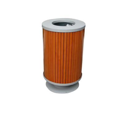 China Round Outdoor Trash Cans , Mild Steel Solid Wood Trash Bin With Galvanized Liner for sale