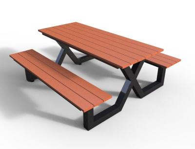 China Modernas mesas de banco para el exterior, mesas de picnic de madera y bancos de metal compuesto en venta