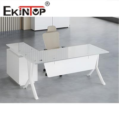 China Ekintop L Shaped Office Computer Desk Modern Executive Glass Desk for sale