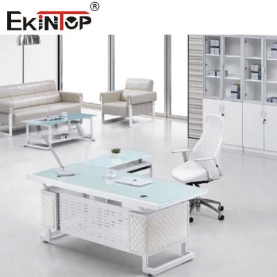 China Blue White Metal Feet Executive Glass Desk Polished Durable Surface for sale