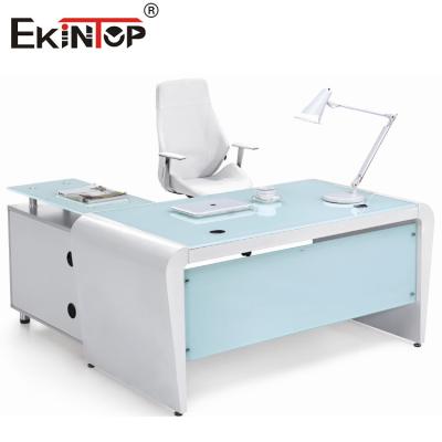 中国 Rectangle White Blue Office Computer Glass Desk Top With Drawers And Storage 販売のため