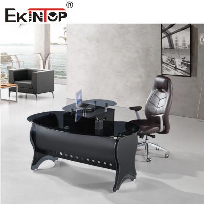 China Thickened Tempered Glass Computer Desk Round Corner Black Color Full Mirror Feel for sale