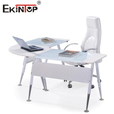 China Modern Glass L Shaped Office Desk With Silver Legs for sale