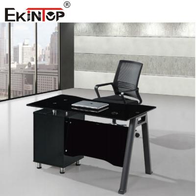 China Commercial Black Glass L Shaped Desk With Drawers Modern Executive Office Furniture Te koop