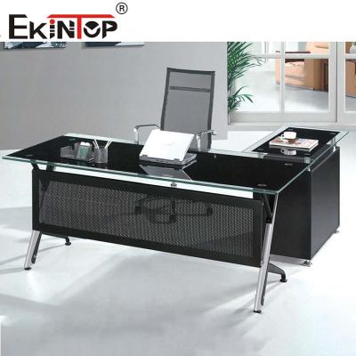 China Commercial Furniture Black Glass Desk With Metal Legs Customized Te koop