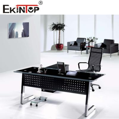 China Black Office Glass Desk with Drawers Metal Feet for Home and Business Use for sale