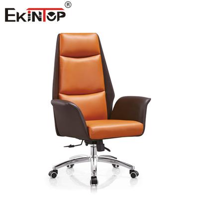 中国 High Back Cushioned Adjustable Height Orange and Brown Leather Chair 販売のため