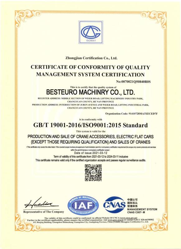 ISO 9001:2015 - Bestaro Machinery Co.,Ltd