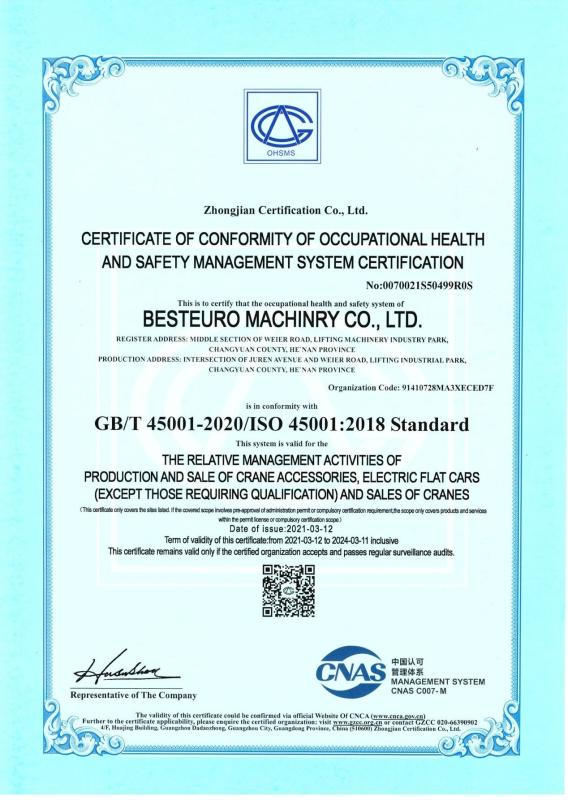 Occupational health and safety management system certificate - Bestaro Machinery Co.,Ltd
