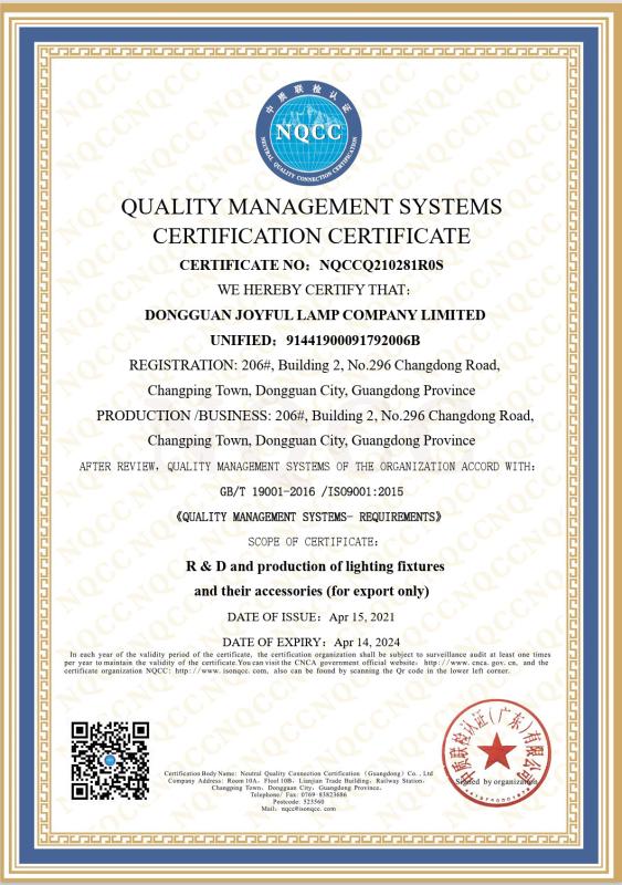 QUALITYMANAGEMENTSYSTEMS CERTIFICATION CERTIFICATE - Joyful Lamp Company Limited