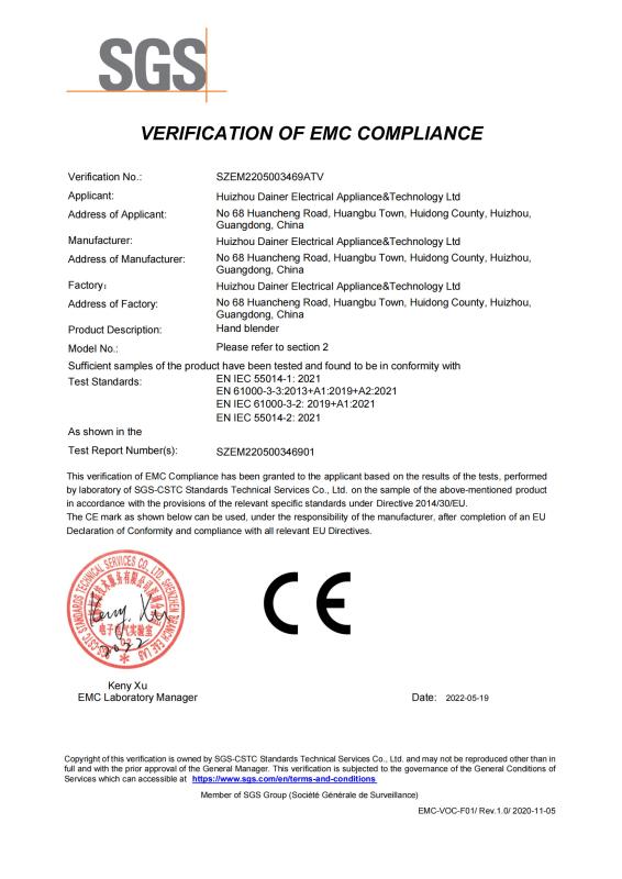 CE-EMC - Huizhou Dainer Electrical Appliance&Technology Co.,Ltd