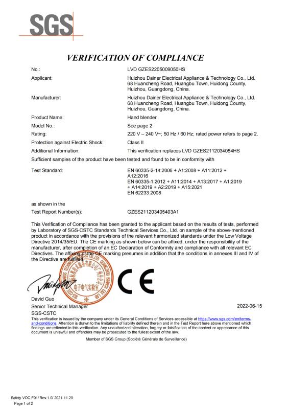 CE-LVD - Huizhou Dainer Electrical Appliance&Technology Co.,Ltd