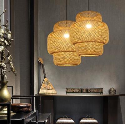 China 3500K Round Bamboo Weaving LED Pendant Light , Round Rattan Light OEM ODM for sale