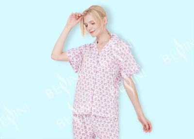 China Cute Womens Pyjama Sets Short Sleeve Top And Long Pants With Elastic Waistband for sale