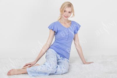 China Button Placket Blue Womens Pyjama Sets Short Sleeve Top Customized Design for sale