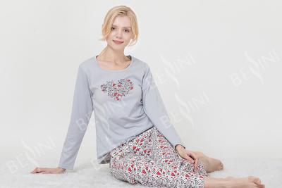 China Lightweight Grey Womens Pyjama Sets Round Neck Long Sleeve Top / Printed Long Pants for sale