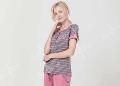 China Homestyle Round Neck Women'S Pajama Short Sets , Ladies Striped Pyjamas sets for sale