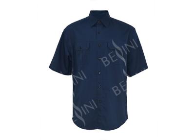 China Men's 100% Cotton Twill Custom Work Shirts Short Sleeve Dark Blue Chest Pockets for sale