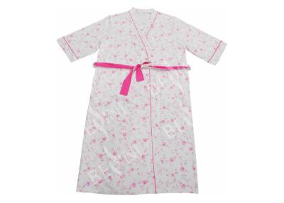 China Ladies Cotton Jersey Pink Floral Printed Bath Robe Kimono Wrap Red Piping 3/4 Sleeve for sale