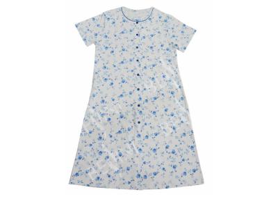 China Ladies Cotton Jersey Blue Floral Printed Button Through Nightdress Sleepwear with Blue Piping Button Satin Bows for sale
