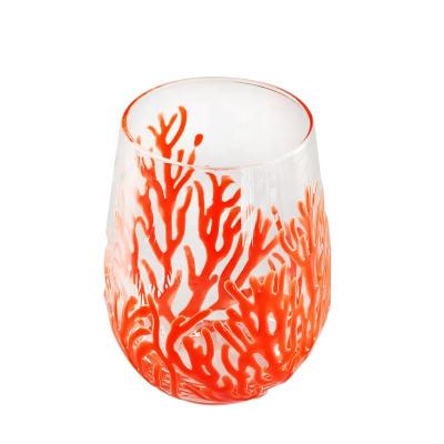 China Egg Shaped 500ml Crystal Wine Glass With Embossed Red Corals for sale