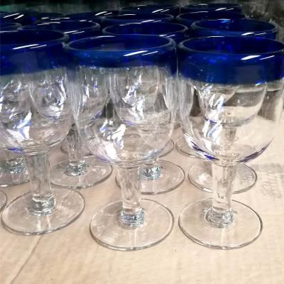 China Blue Rim Mexican Drinking Glass Crystal Wine Glass , Red Glass Wine Glasses for sale