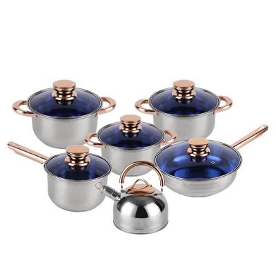 China Nonstick Pots Capsule Bottom Glass Lid Round Knob 12 Pcs Stainless Steel Cookware Set Non Stick Cooking Pot Sets for sale