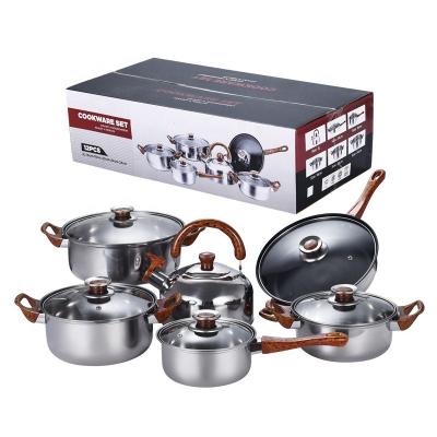 China Kitchen 12pcs stainless steel 410 cookware set fry pan milk soup pot water kettle sale for sale