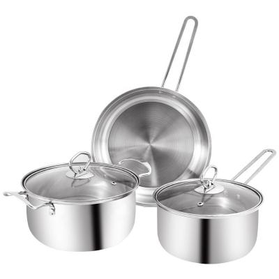 China Hot Sale Kitchenware 3pcs Cookware Set Round Nonstick Stainless 410 Soup Pot Cooking Pot Set Custom Pots And Pans for sale