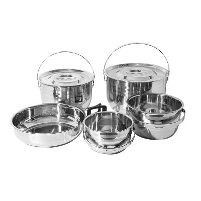 China Best Selling Silver Stainless Steel 201 Round Outdoor Dinner Cooking Pot Sets Camping Soup Pot And Frying Pan Sets for sale