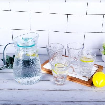 China Hammer pattern design glass water jug set 1 glass water pitcher and 4 water cups for sale