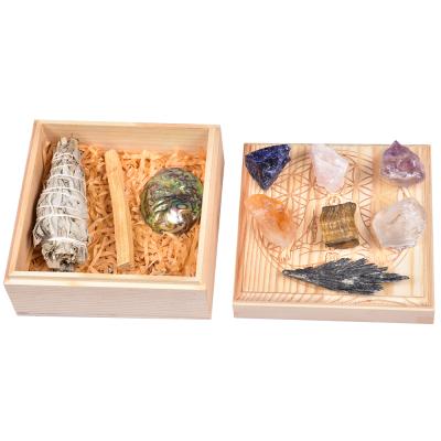 China America Custom Natural Crystal Stones For Healing Wooden Box Set Charm 7 Chakra Gemstone Stones Kit for sale