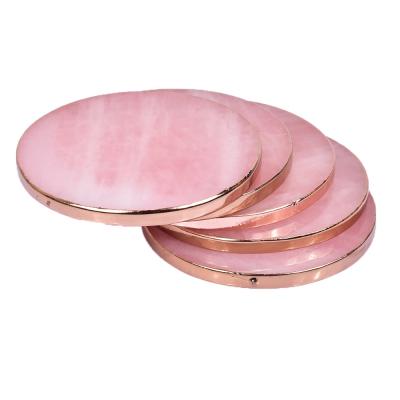 China Europe Round Gold Edge Dish Natural Rose Quartz Slices Tea Cup Coasters Crystal Beverage Coasters for sale