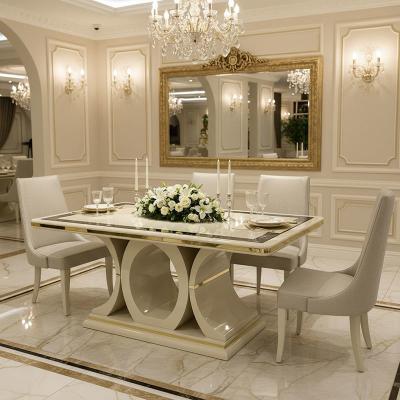 China Witte Luxe Houten Eettafel en Stoelen Set 6 zitplaatsen Huismeubelen Eetkamer Eettafel met Sideboard Wijnkast Te koop